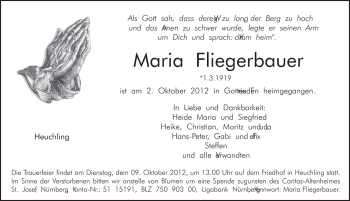 Traueranzeige von Maria Fliegerbauer von Pegnitz-Zeitung